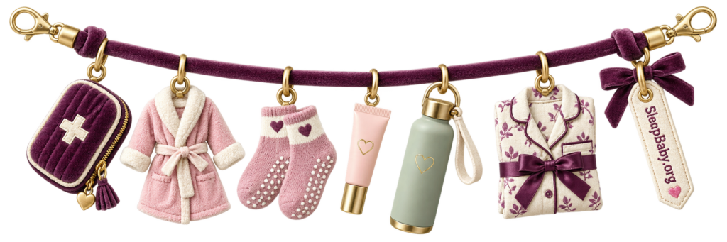 A recovery charm ribbon holds a first-aid pouch, robe, nonslip socks, lip balm, water bottle and pajamas on a plum velvet strand