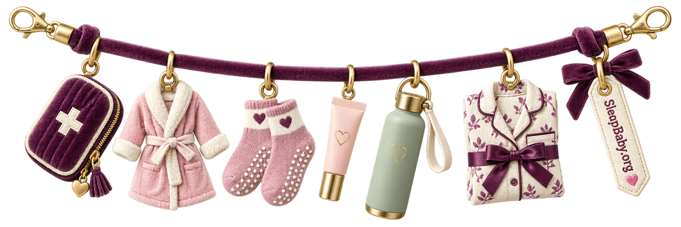 A recovery charm ribbon holds a first-aid pouch, robe, nonslip socks, lip balm, water bottle and pajamas on a plum velvet strand