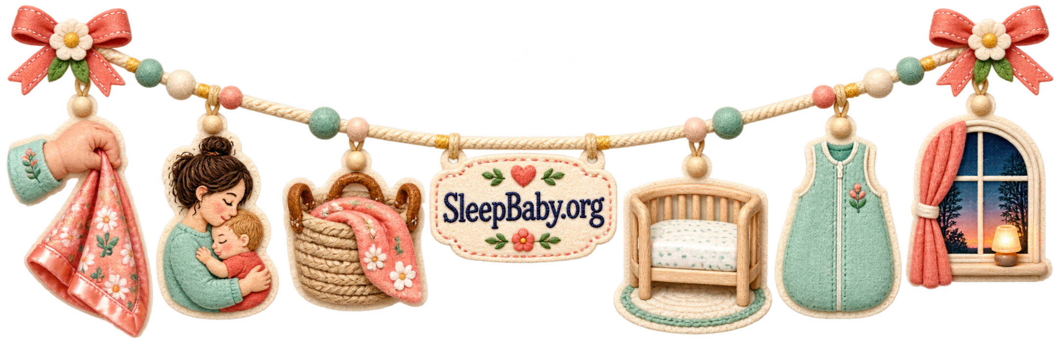 Charm ribbon shows a favorite blanket during awake comfort, then a basket, bare crib, sleep sack, and dusk window.