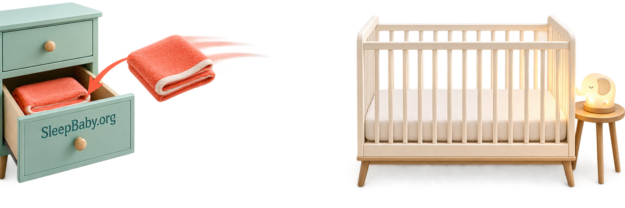 Transparent teaching rail showing a blanket moving into a drawer away from a bare crib