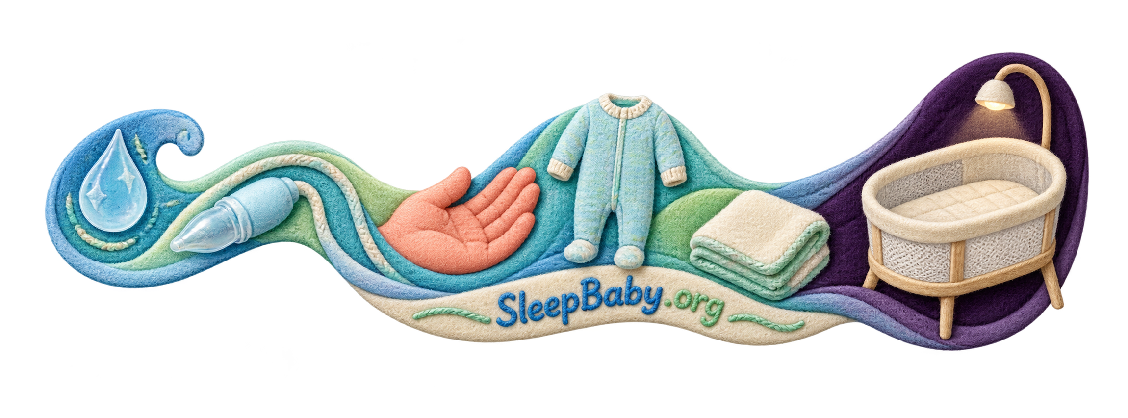Sky and mint rail connects saline, an aspirator tip, open hand, pajamas, folded cloth and a lit empty bassinet