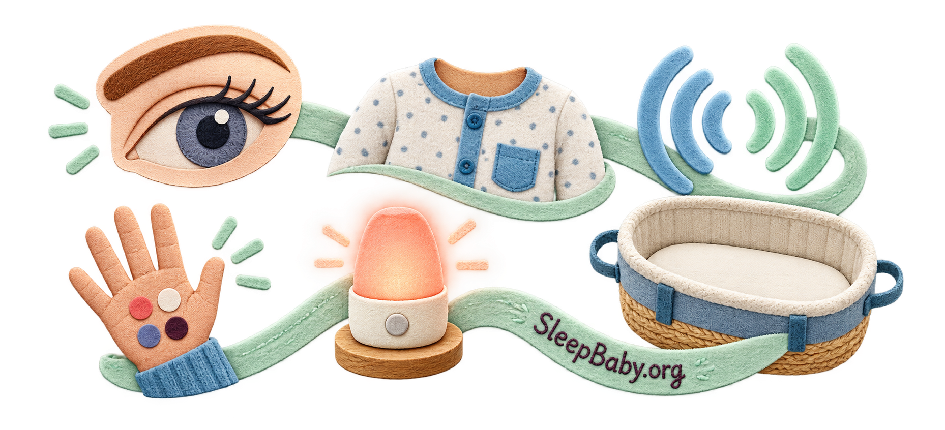 Tactile rail links a caregiver eye, awake pajama chest, breath waves, color-check hand, nightlight and empty bassinet