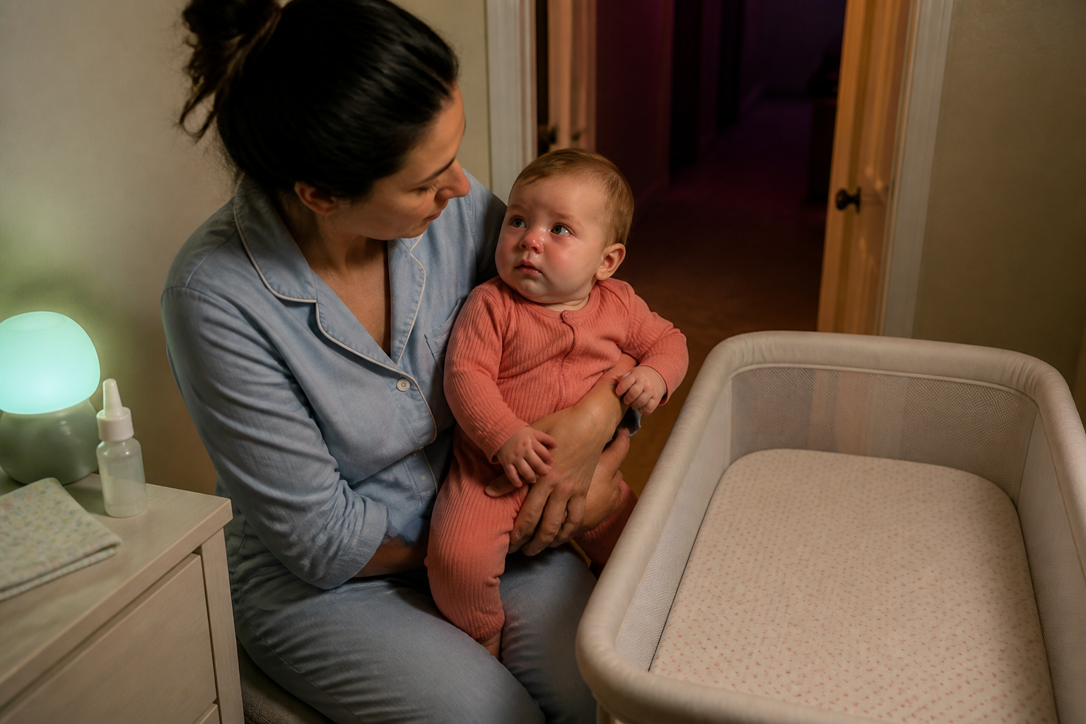 Awake baby with a blocked nose is held beside an empty level bassinet while a caregiver checks breathing