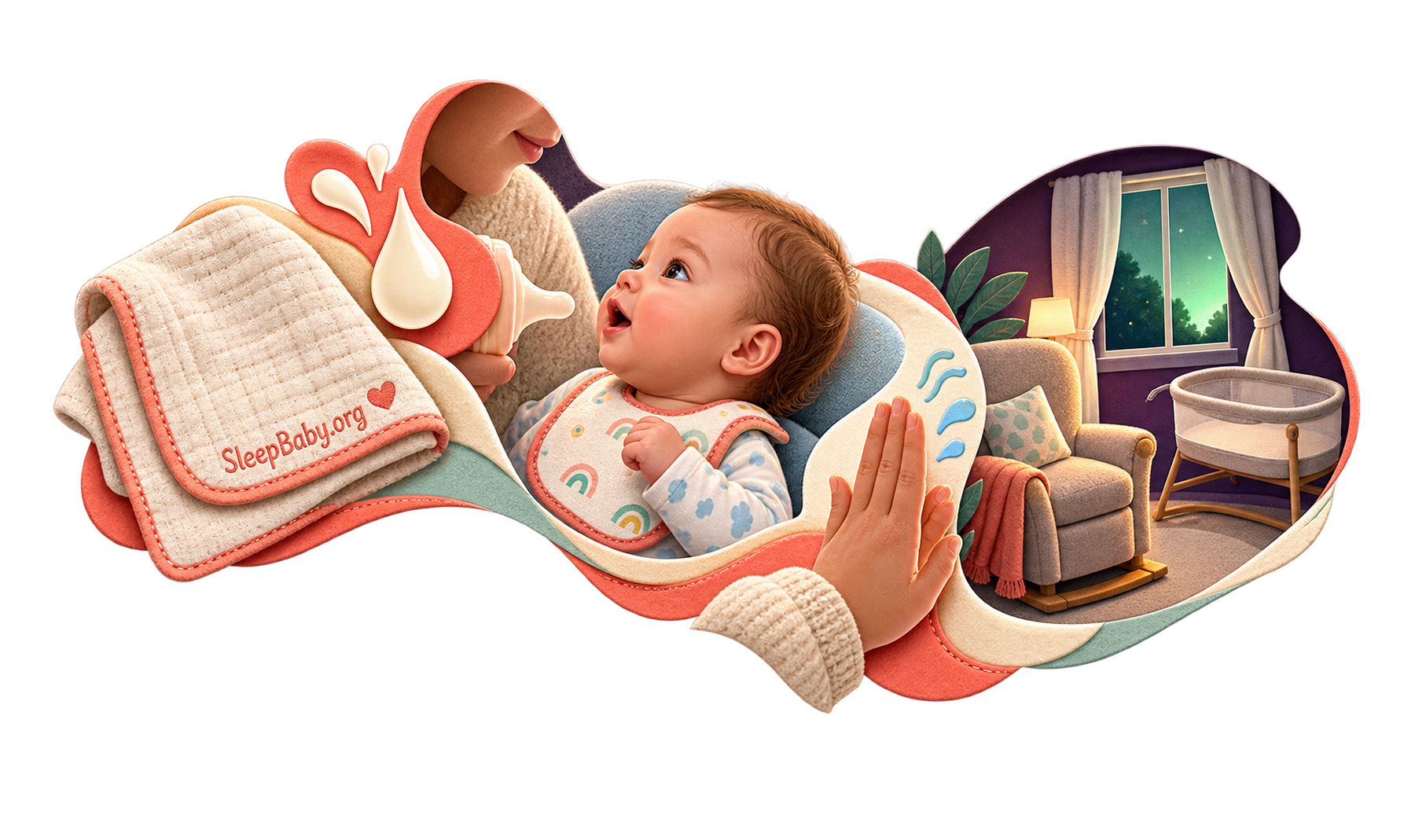 Coral rail pairs a burp cloth, awake feeding baby, pause hand, night window and empty bassinet