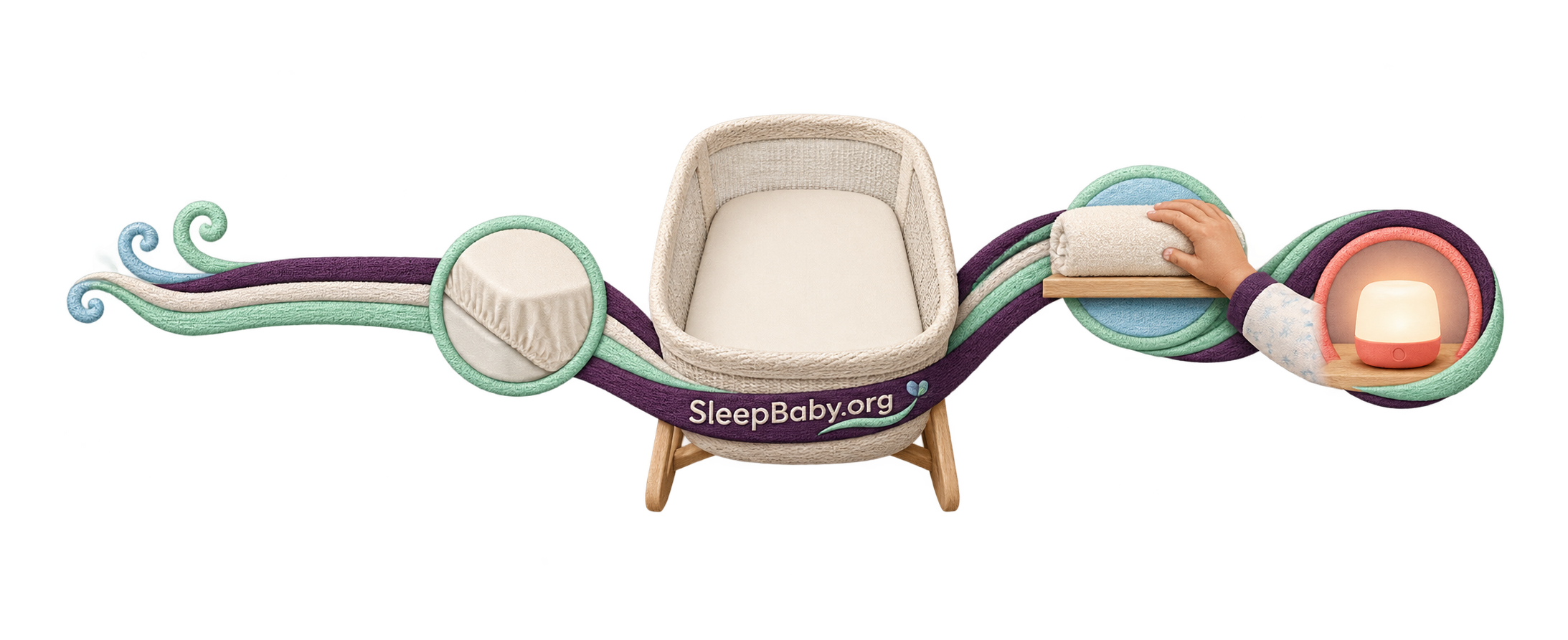 Level plum and mint rail shows a fitted sheet, empty bassinet, towel on an outside shelf and warm nightlight