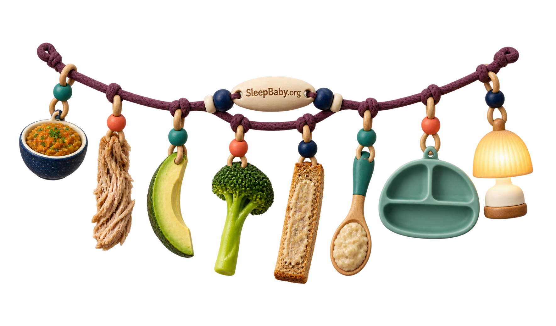 A nutrition ribbon links lentils, pulled meat, avocado, broccoli, thin-spread toast, oatmeal, an empty tray and nursery lamp.