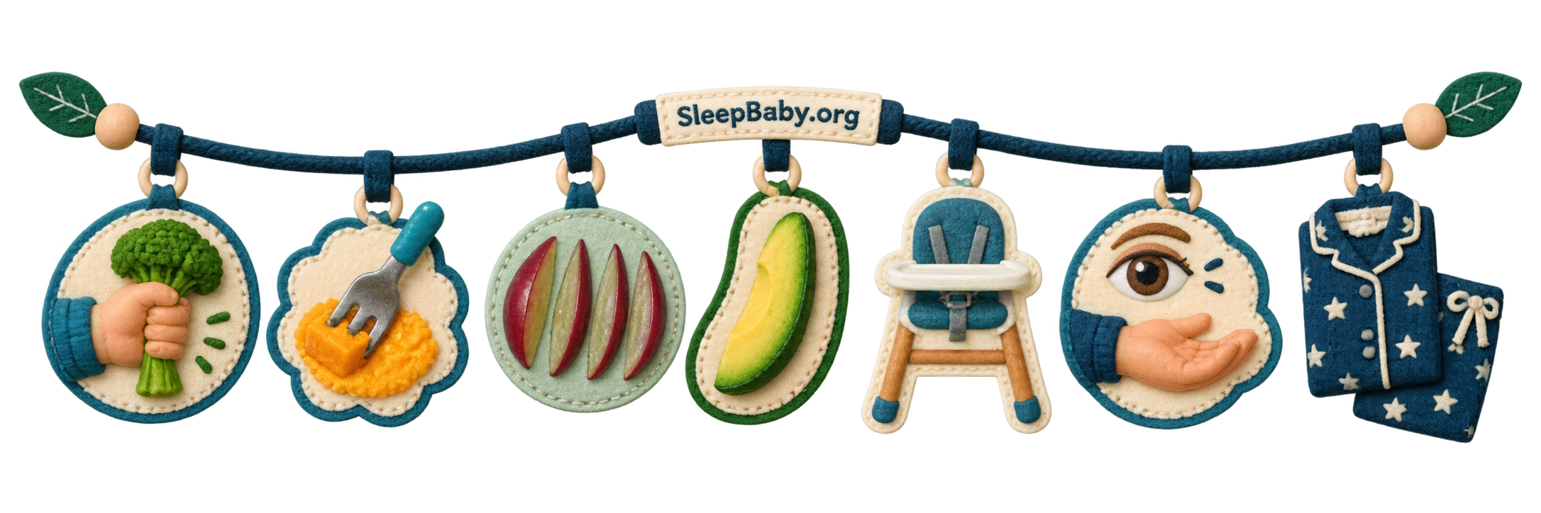 A preparation ribbon moves from broccoli squish and grape slivers to upright seating, supervision and folded pajamas.
