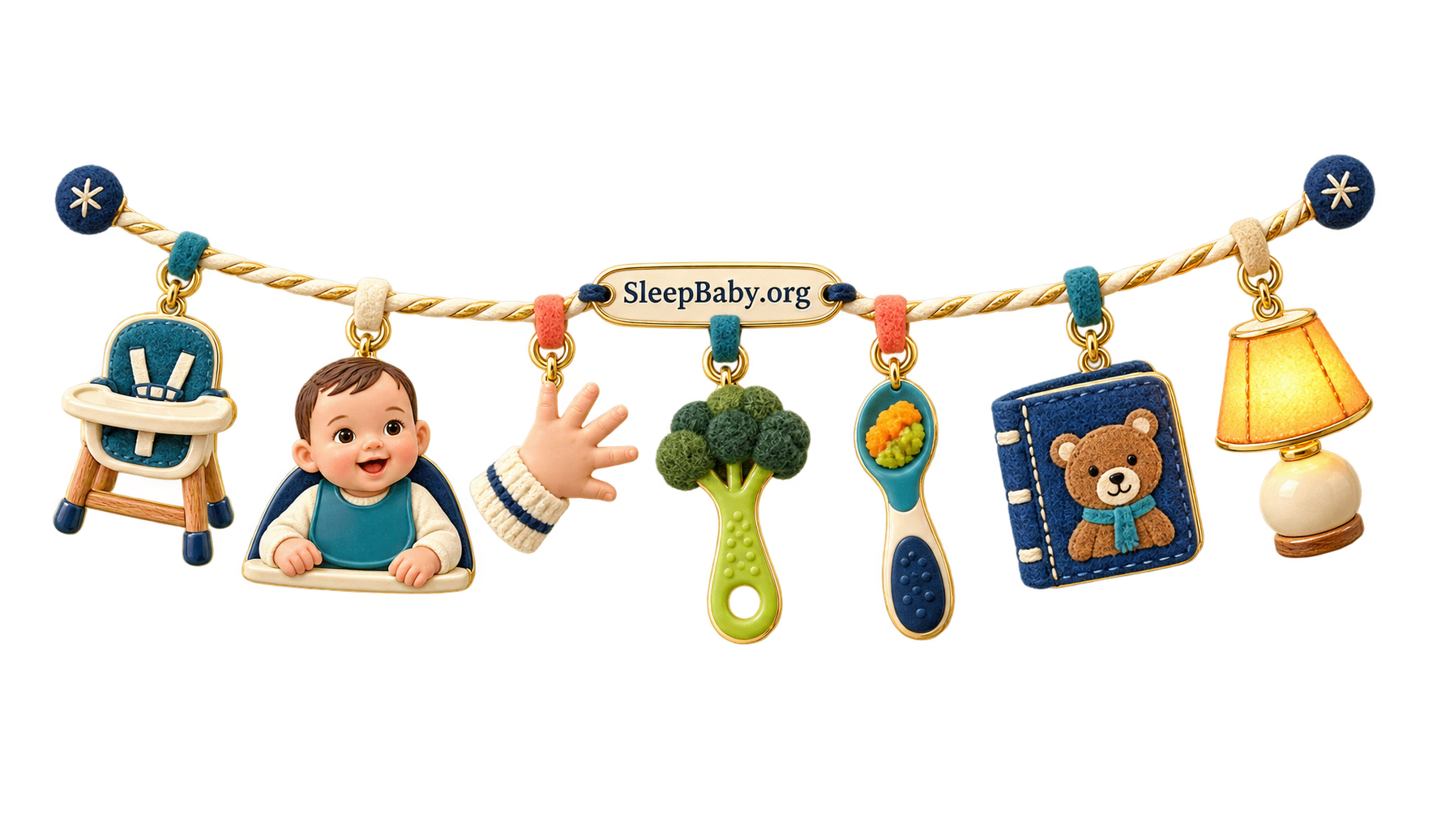 A readiness ribbon moves from high chair and reaching hand to soft broccoli, loaded spoon, bedtime book and lamp.
