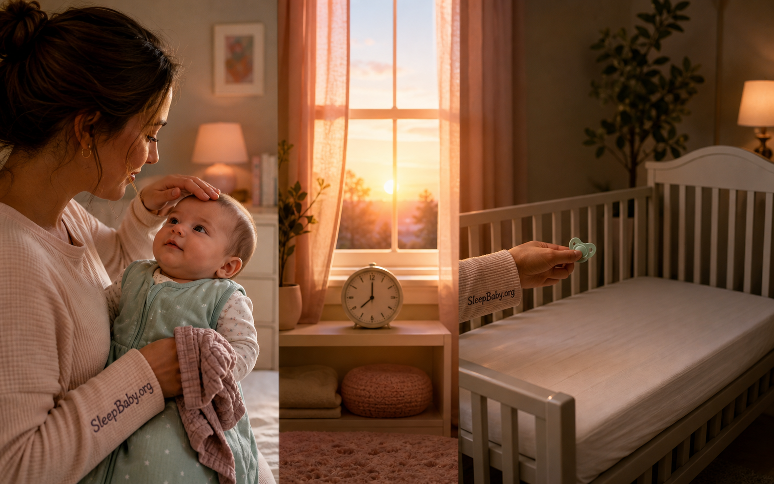 Caregiver checking an awake five-month-old beside day and night cues and an empty crib