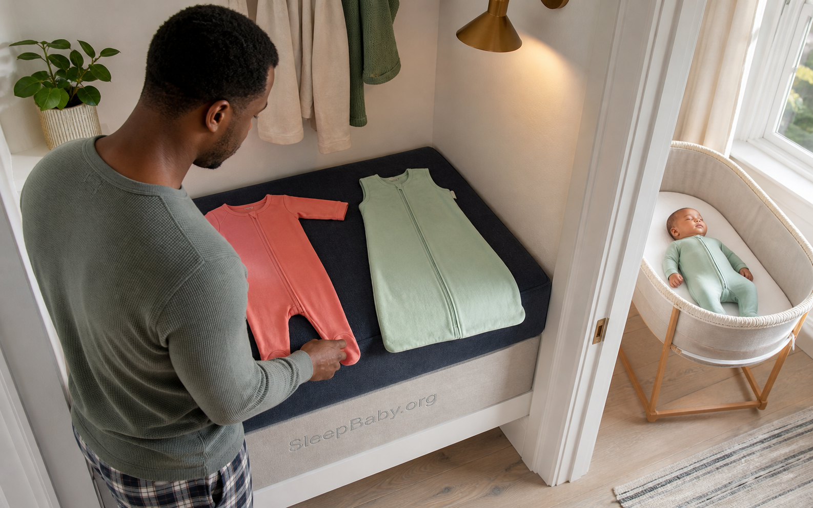 Father compares coral and sage fitted sleep sacks on a fixed bench while a baby rests on the back in a bare bassinet nearby