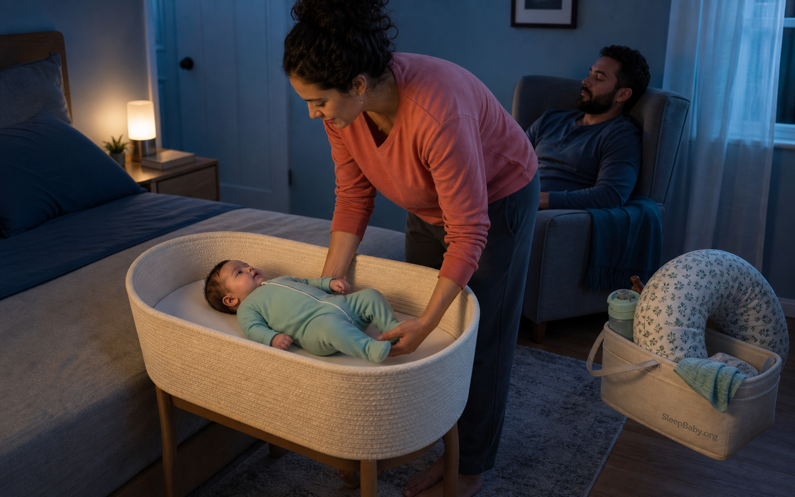 Caregiver settles a baby on the back in an empty bassinet while the feeding parent rests and supplies stay outside the sleep space