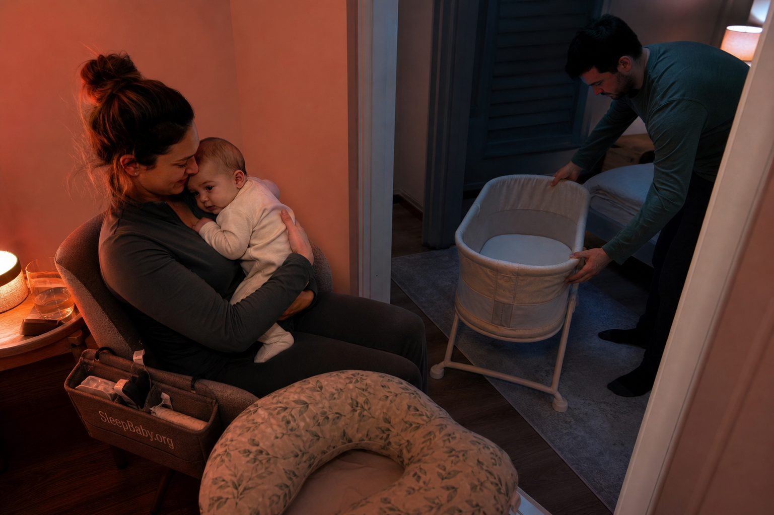 One caregiver holds an awake baby after feeding while another prepares an empty bassinet for the return to sleep