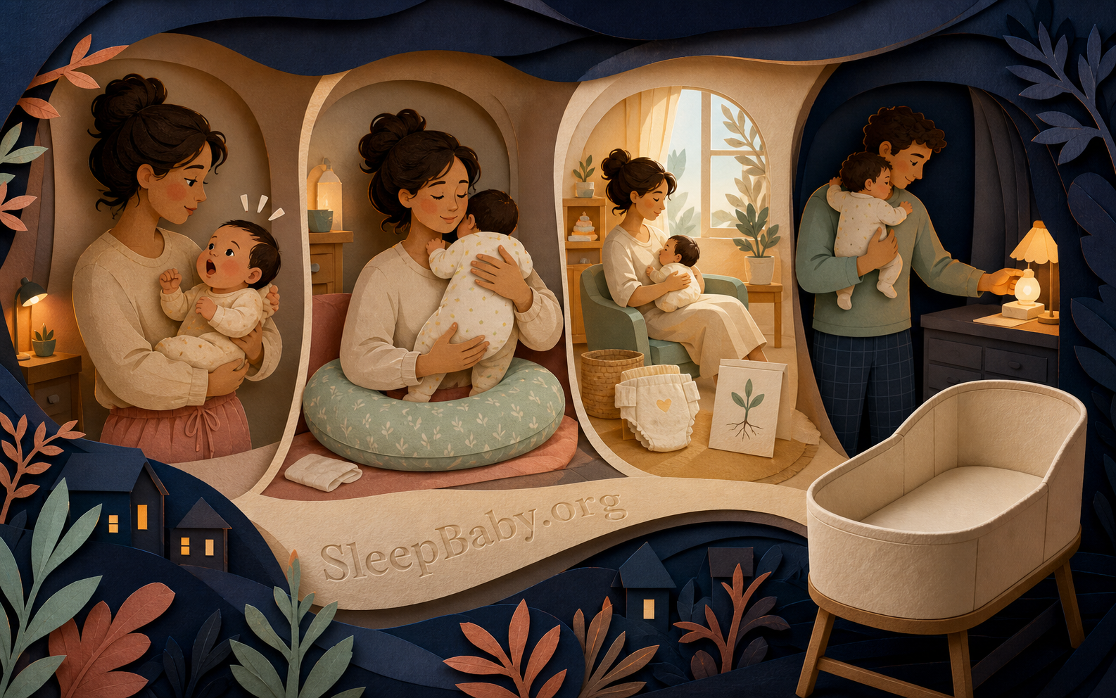Illustrated four-step night-wake path moves from feeding cues and a post-feed hold through daytime context to a partner handoff and empty bassinet