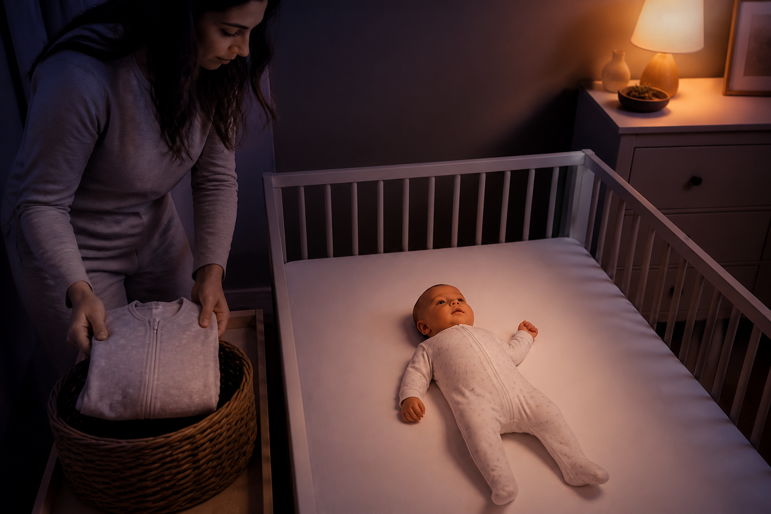Caregiver removes one heavier clothing layer outside a clear safe sleep space
