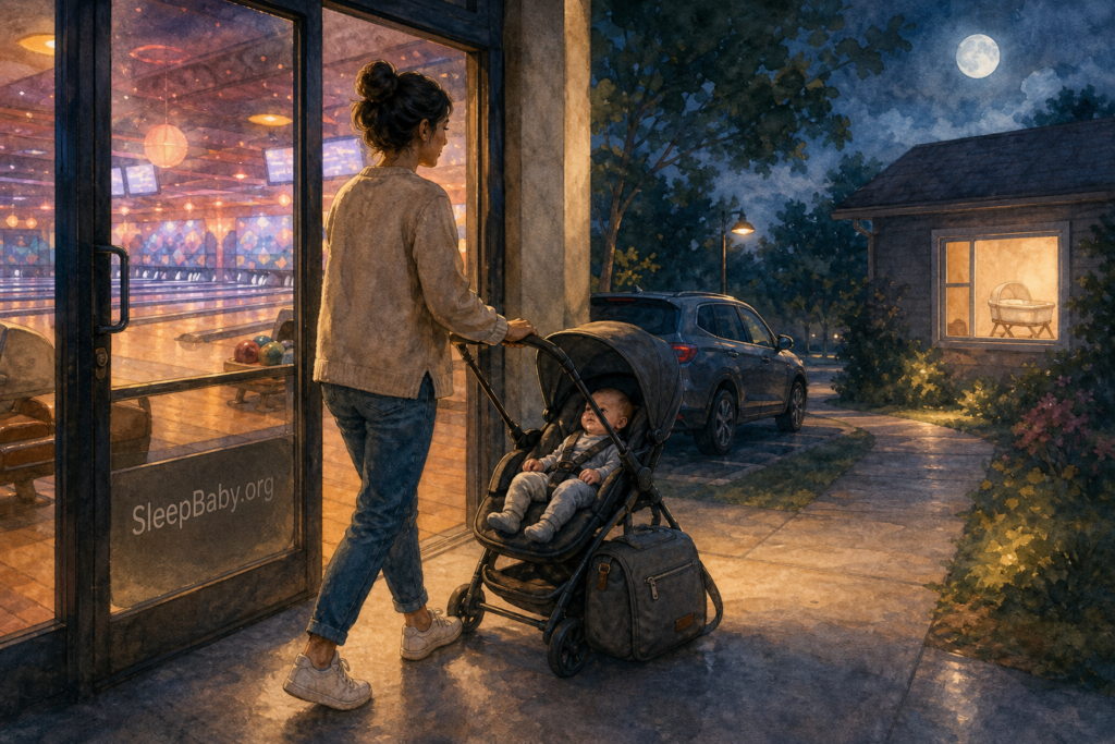 A caregiver rolls an awake baby in a secured stroller toward a parked car and moonlit home while bowling lights remain behind.