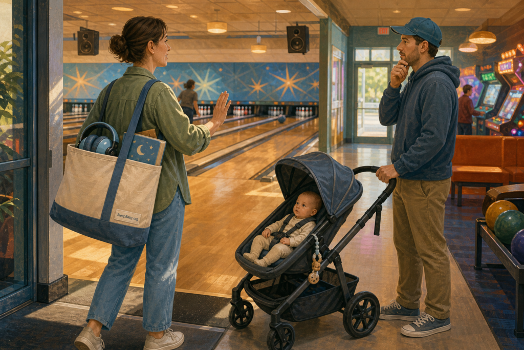 Two adults compare conversation volume at a bowling-center entrance beside an awake baby in a secured stroller, earmuffs, and a clear exit.