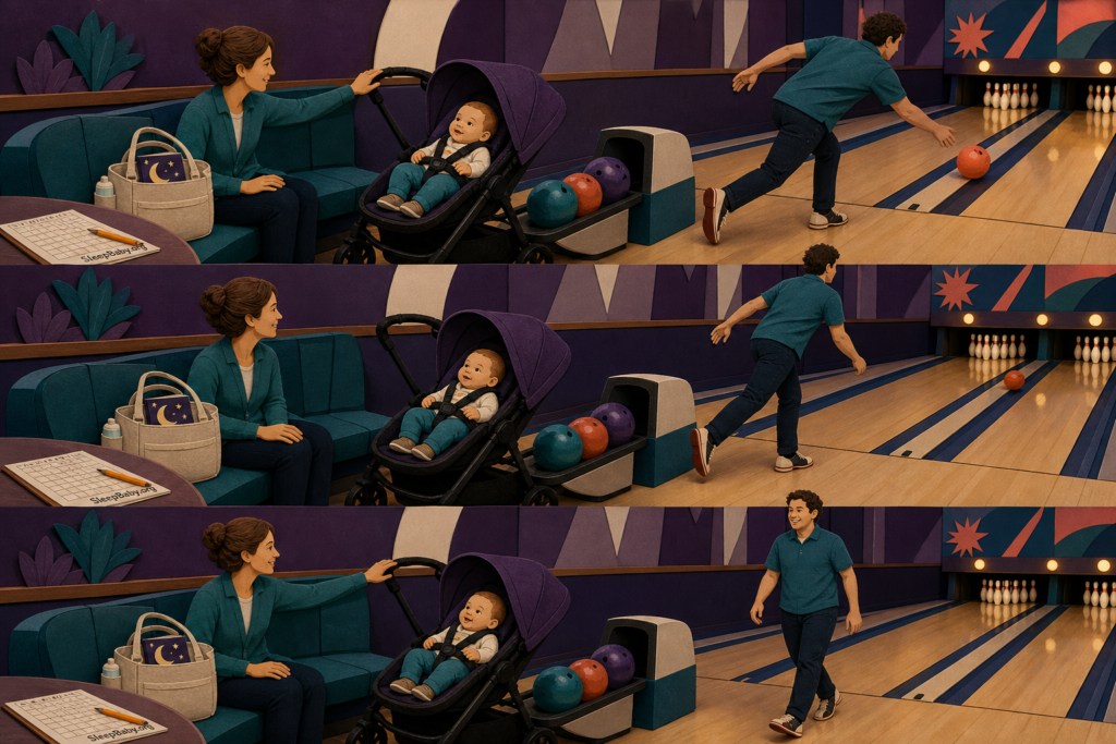 A three-step bowling storyboard shows one adult staying with an awake baby while the other bowls alone and returns empty-handed.