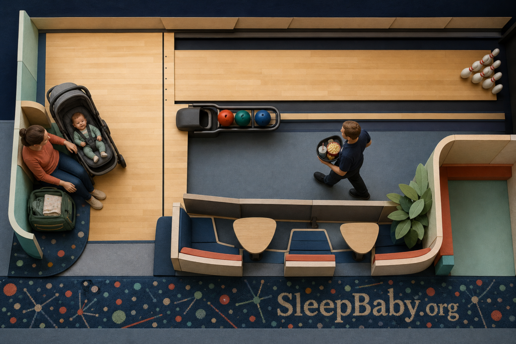 An overhead bowling-lane cutaway keeps an awake baby and caregiver in a side nook while the ball return, server route, and exit remain clear.