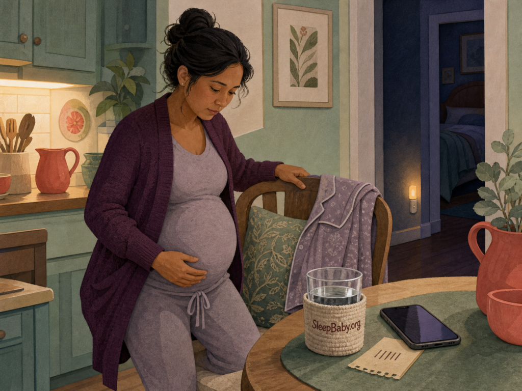 A pregnant adult tries a brief position change with water and a phone ready beside folded pajamas and a nightlight