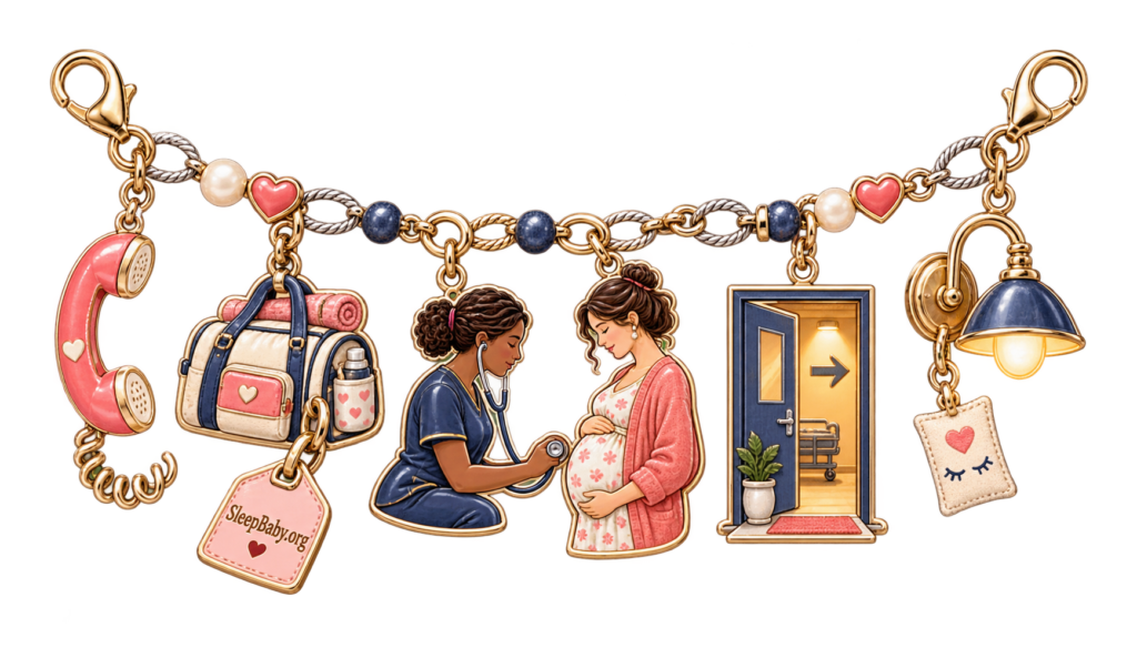 A maternity handoff ribbon links a phone, packed bag, midwife and pregnant patient, open assessment door, night lamp, and branded tag