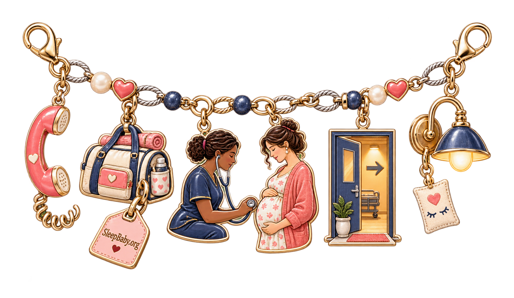 A maternity handoff ribbon links a phone, packed bag, midwife and pregnant patient, open assessment door, night lamp, and branded tag
