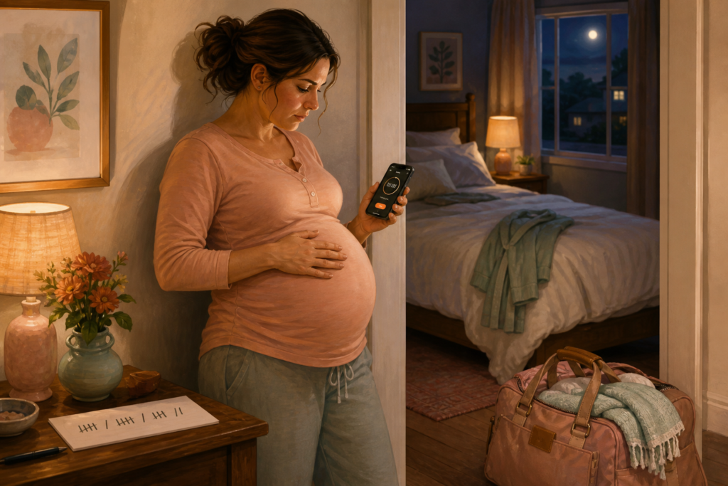 Pregnant adult pauses with one hand on her abdomen beside a phone timer and packed maternity bag at a lit bedroom doorway