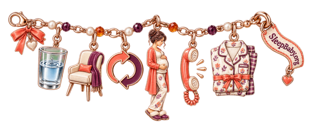 A pause-and-reassess ribbon joins water, a supportive chair, position change, pregnant figure, ready phone, pajamas, and branded clasp