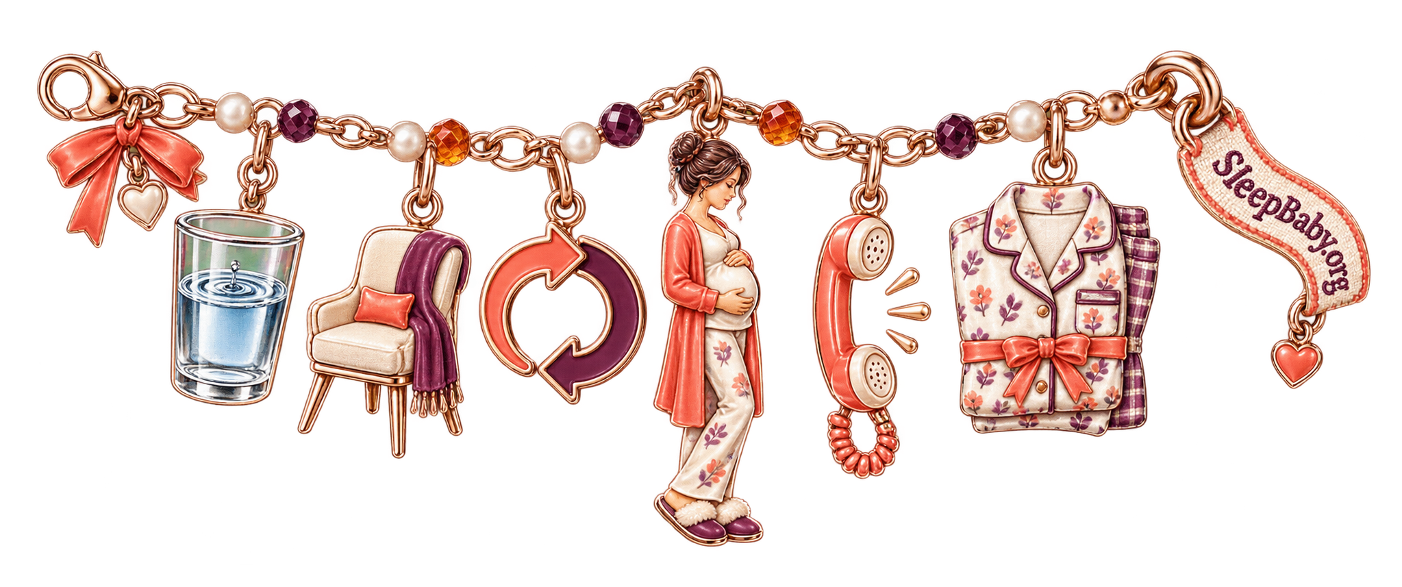 A pause-and-reassess ribbon joins water, a supportive chair, position change, pregnant figure, ready phone, pajamas, and branded clasp