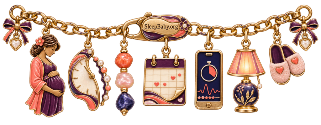 A Braxton Hicks pattern ribbon links a pregnant silhouette, irregular timing cues, calendar, phone, bedside lamp, and branded clasp