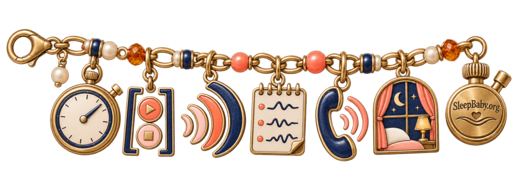 A contraction-timing ribbon links a stopwatch, start-stop cue, tightening waves, short note, phone, moonlit window, and branded crown