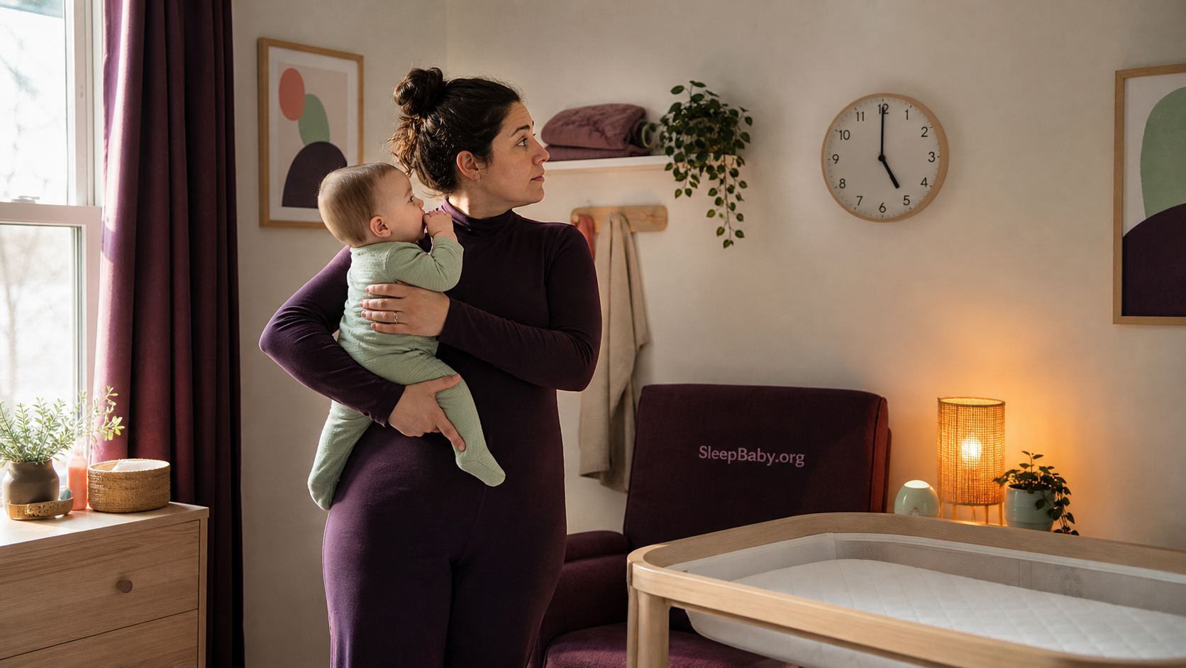 Caregiver holds an awake baby showing hunger cues while checking the clock beside a bare bassinet