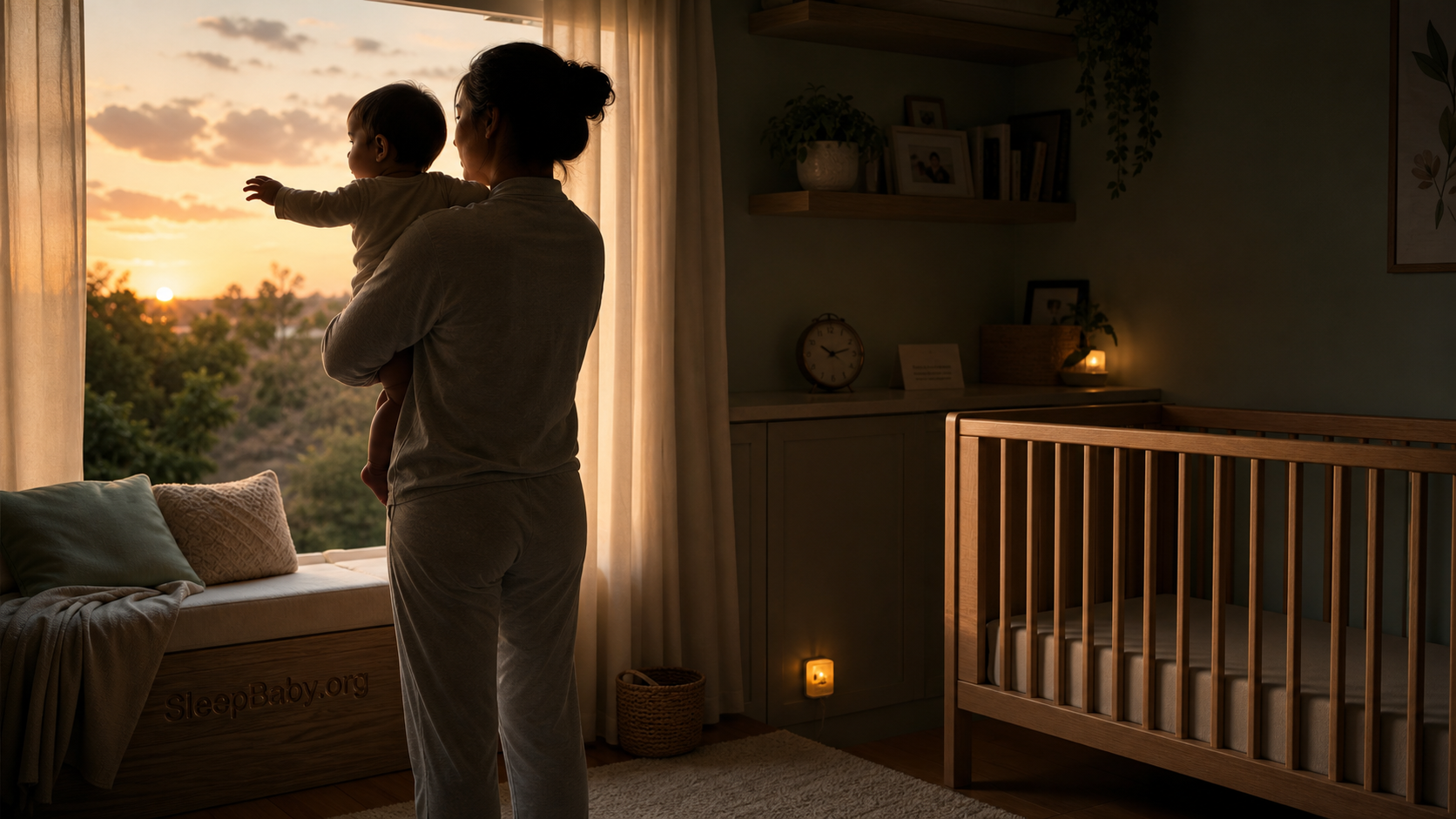 Caregiver and alert baby greet dawn beside a bare crib after a night that did not follow the clock