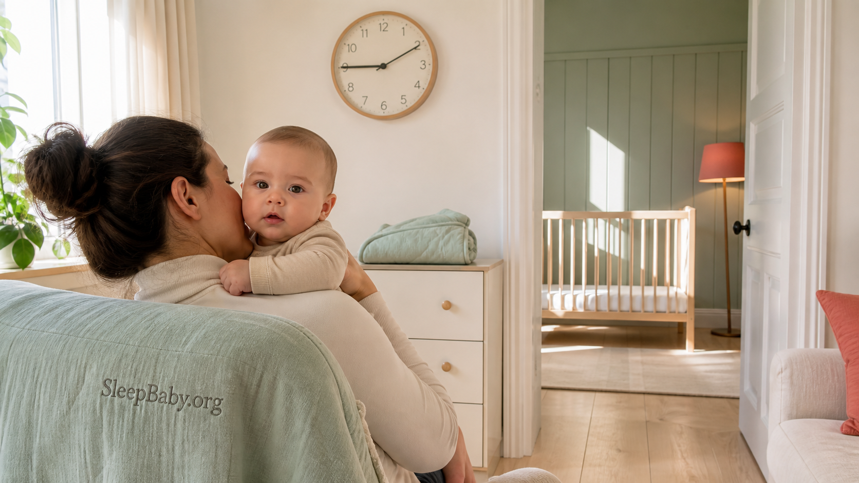 Caregiver holds an alert baby after feeding while daylight and a bare crib mark the next sleep anchor