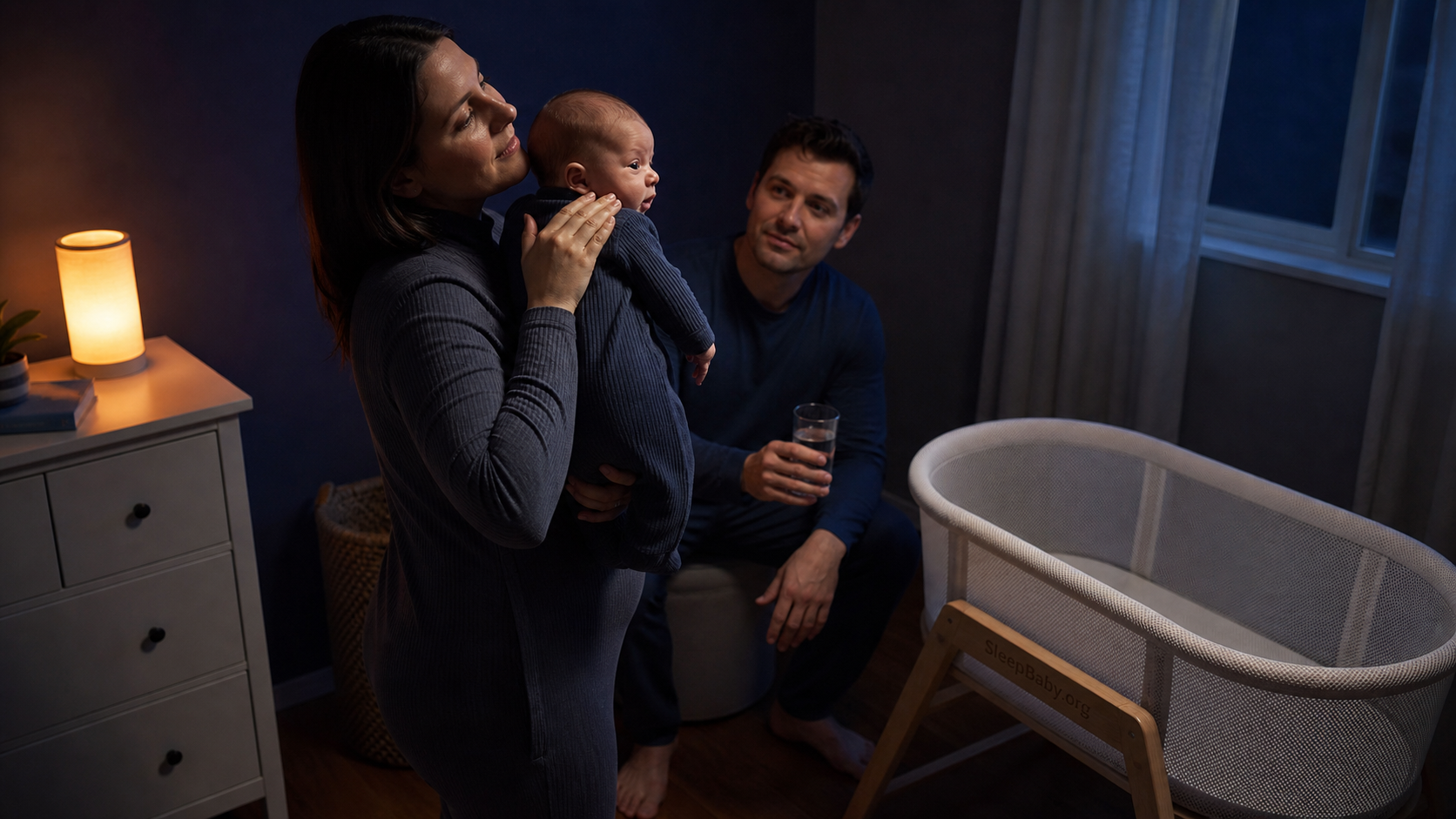Two caregivers stay awake with an alert baby at night beside an empty bare bassinet ready for the safe return