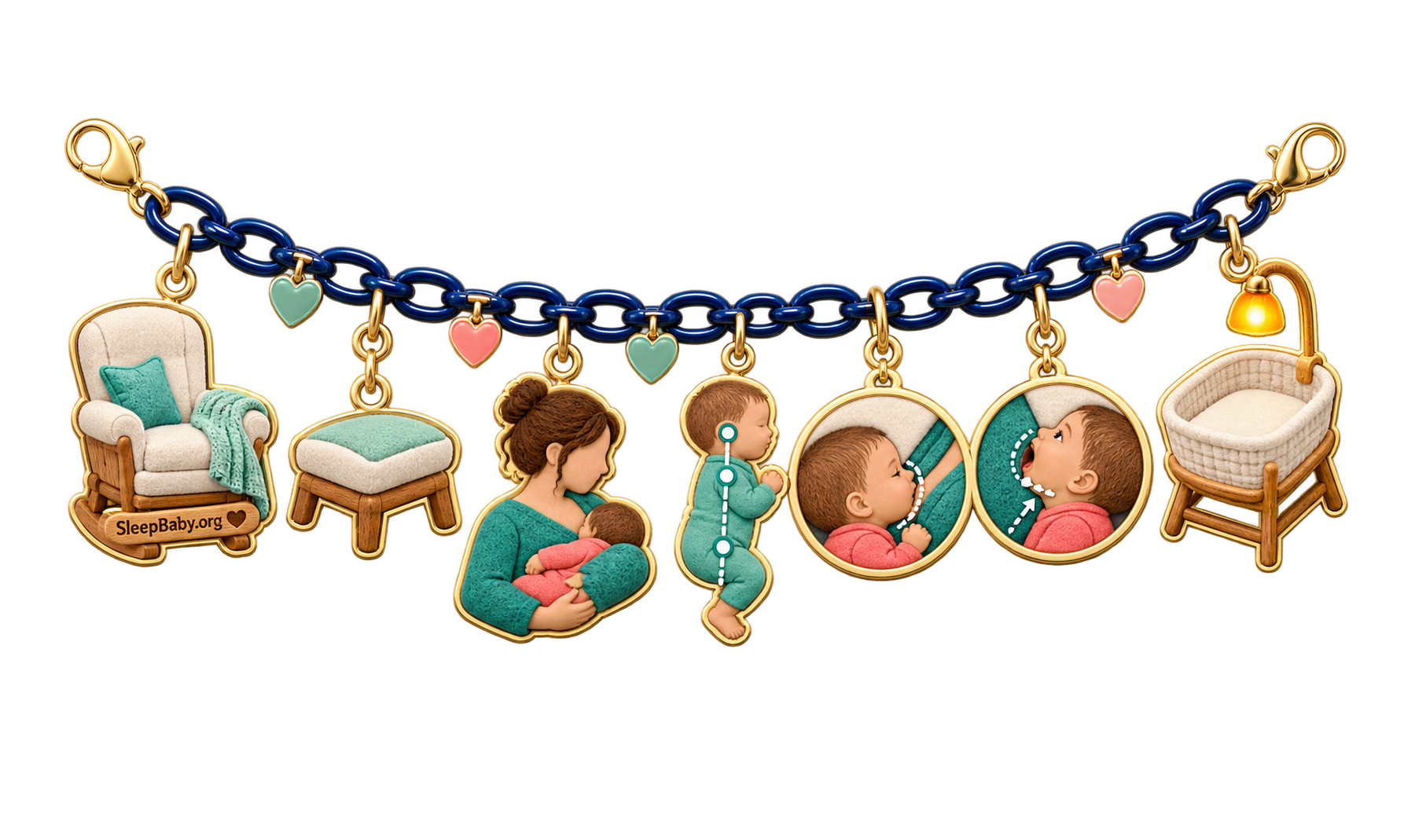 Jewelry-like charms connect nursing alignment cues with choosing a breastfeeding hold.