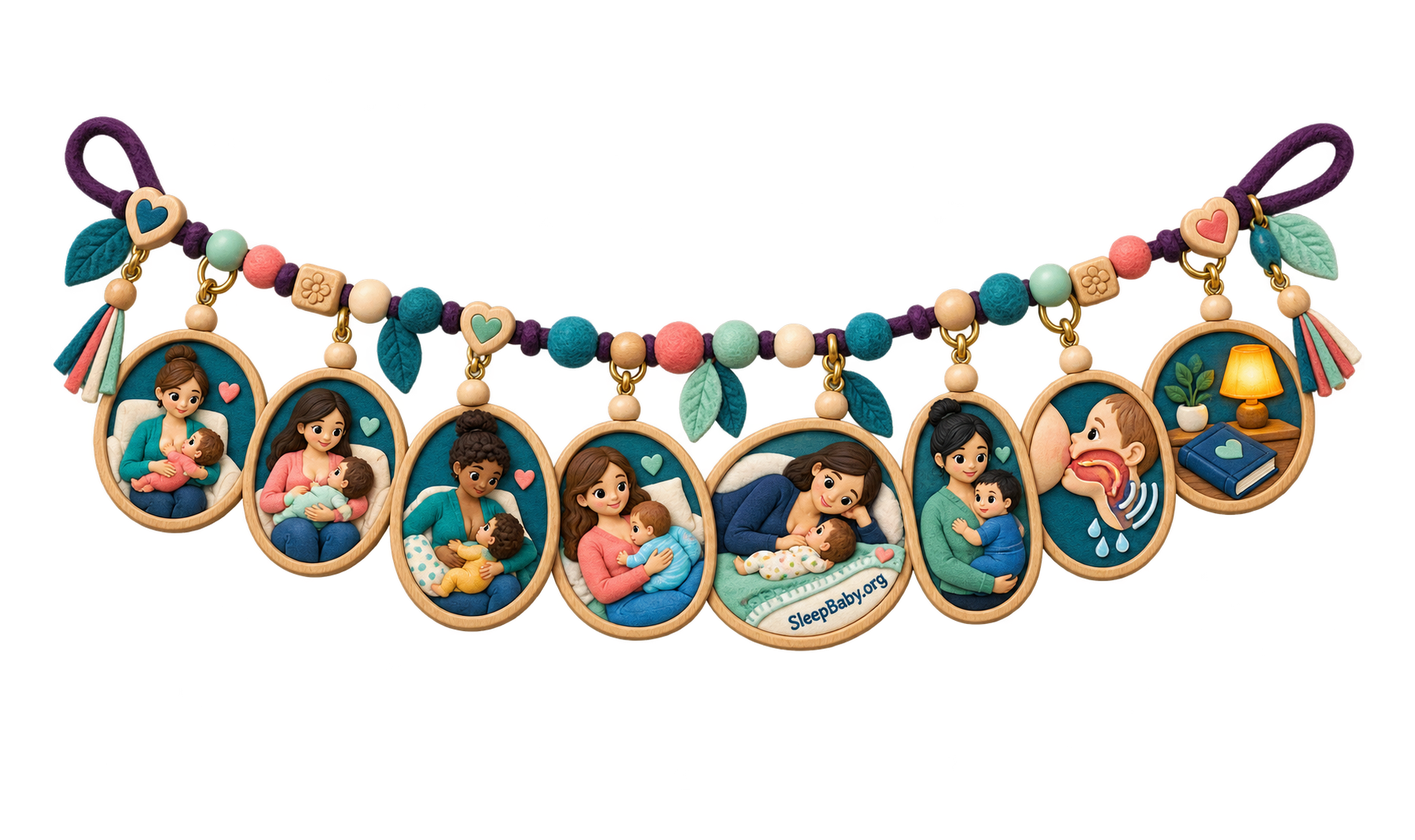 A charm strand connects common nursing holds with deep latch and milk-transfer cues.