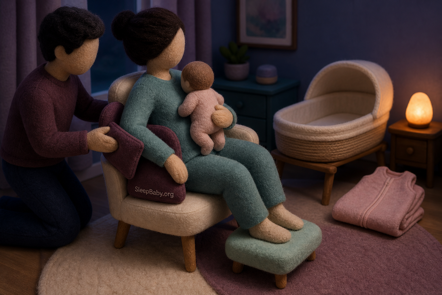 A parent resets back, shoulder, foot and pillow support before a night breastfeeding position.