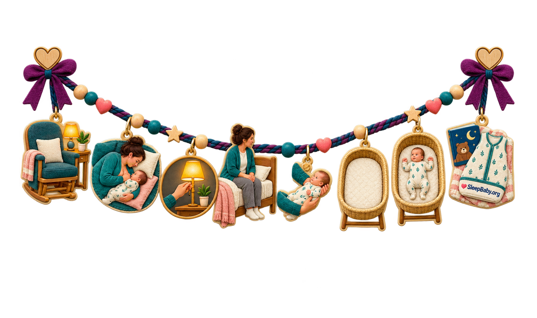 A charm ribbon moves from an awake breastfeeding position to a bare bassinet.