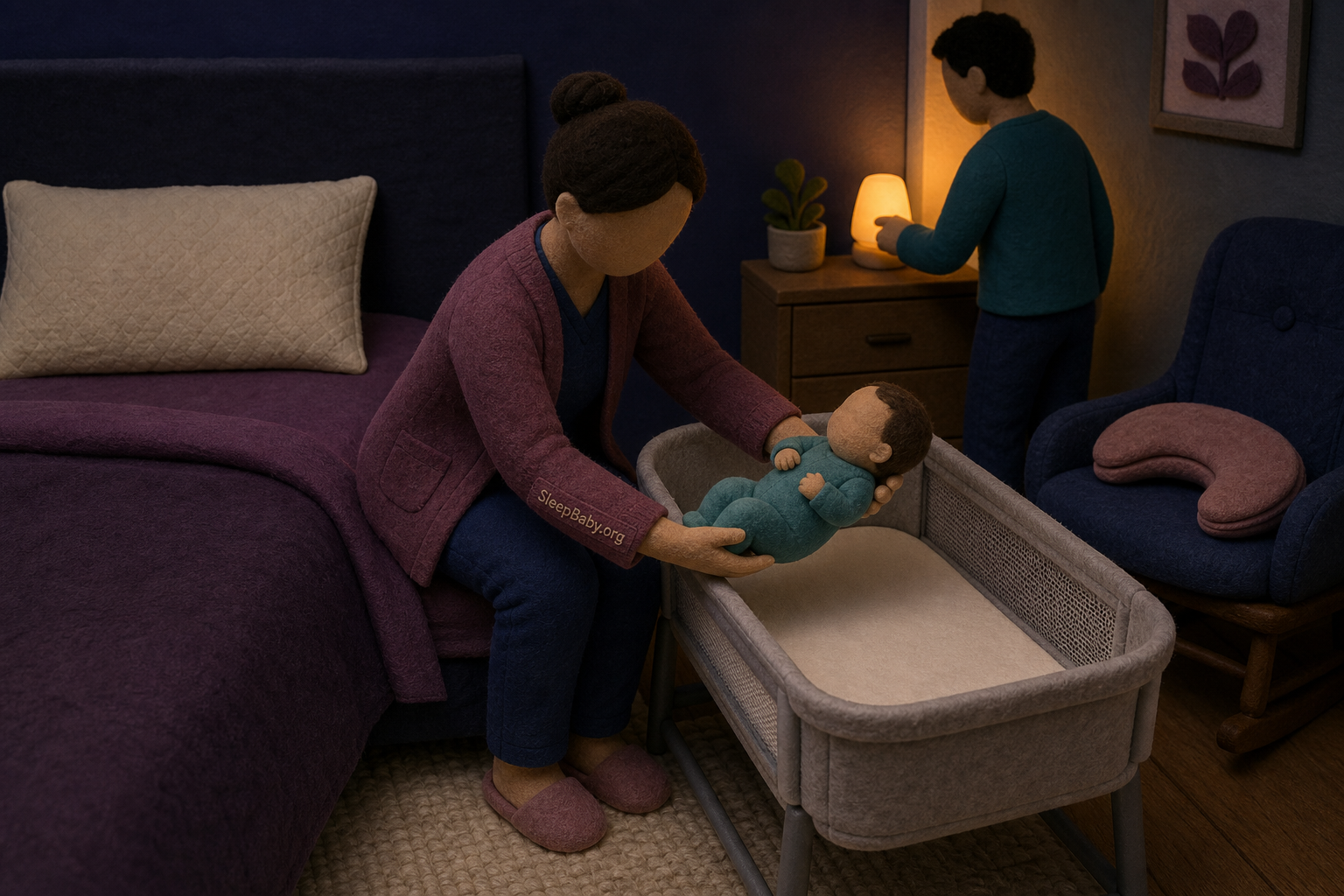 An awake caregiver places baby on the back in a bare bassinet after breastfeeding.