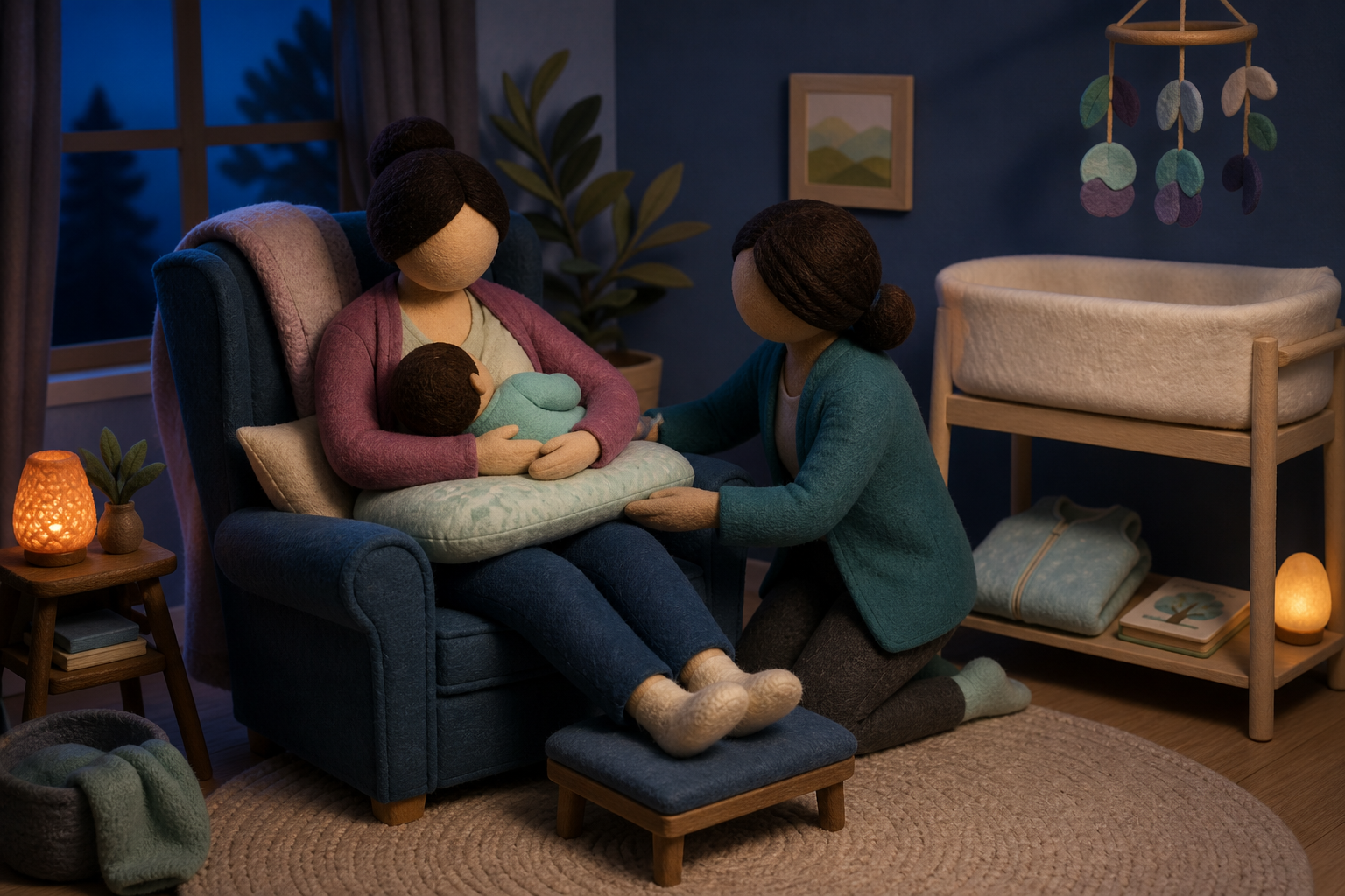 Supported parent nurses an aligned baby beside an empty bassinet at blue hour