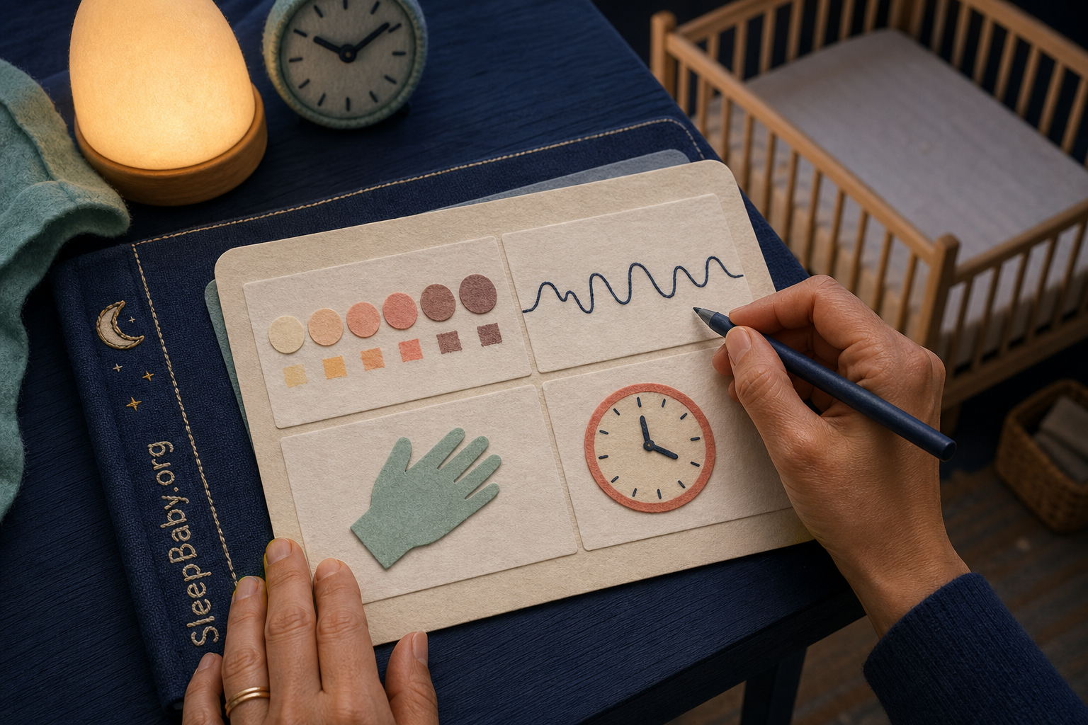 Caregiver records skin color, breathing pattern, responsiveness, and timing beside a safe bare crib after the baby is well