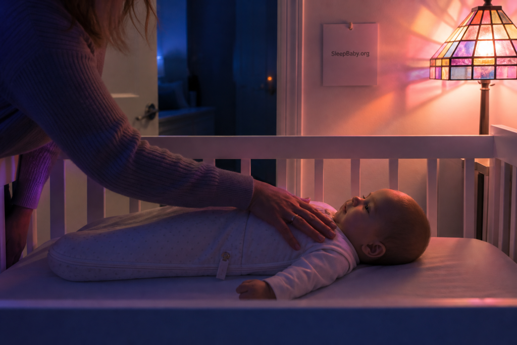 A caregiver makes a brief hand-on-chest check while an awake baby remains on their back in an empty crib.