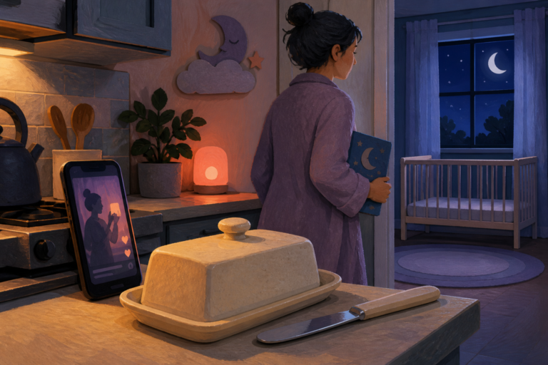 A closed butter dish and spreader sit near a phone playing a vertical video while a caregiver carries a bedtime book toward an empty crib.