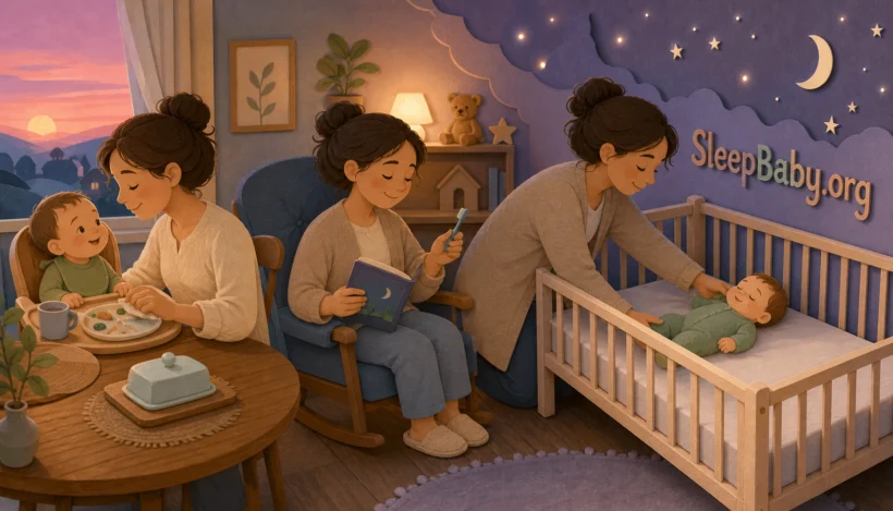 A cut-paper panorama moves from a finished meal and closed butter dish to a toothbrush and bedtime book, then a baby on the back in a bare flat crib.