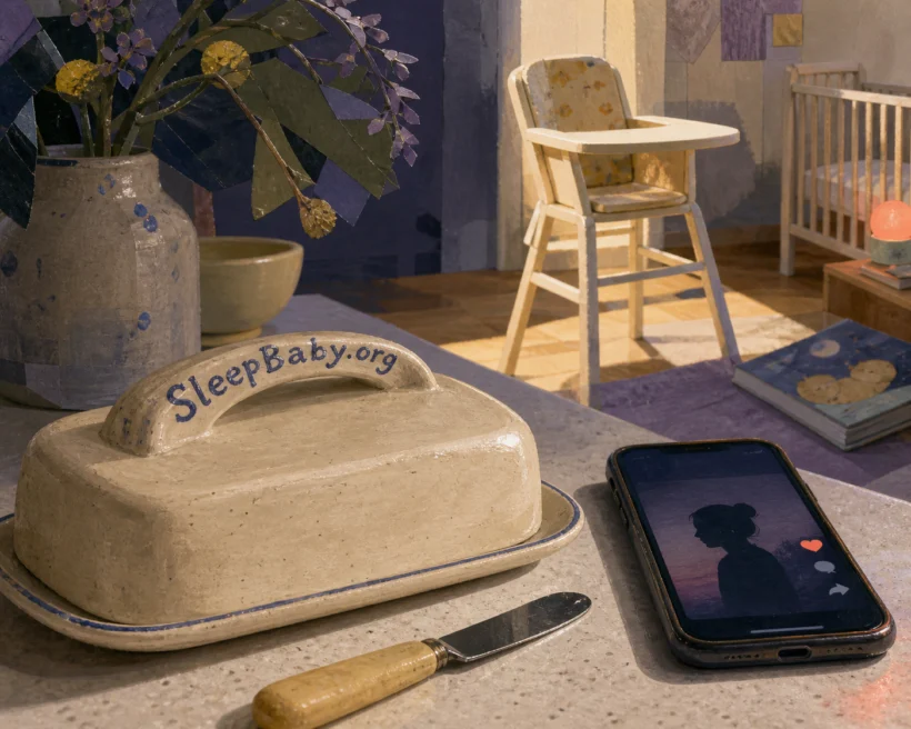 A closed butter dish and spreader sit beside a phone showing a social video, with an empty high chair and crib in the night kitchen beyond.
