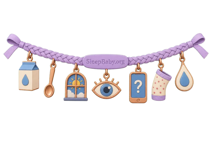 Seven charms show a milk carton, tasting spoon, daylight window, watchful eye, help phone, rash-check sleeve and dairy droplet on a SleepBaby.org ribbon.