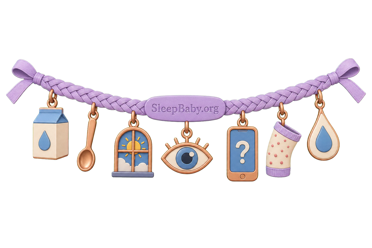 Seven charms show a milk carton, tasting spoon, daylight window, watchful eye, help phone, rash-check sleeve and dairy droplet on a SleepBaby.org ribbon.