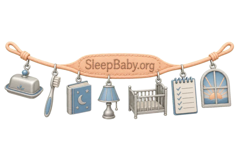 Seven charms show a closed butter dish, toothbrush, bedtime book, dim lamp, bare crib, checked notepad and dawn window on a SleepBaby.org cord.