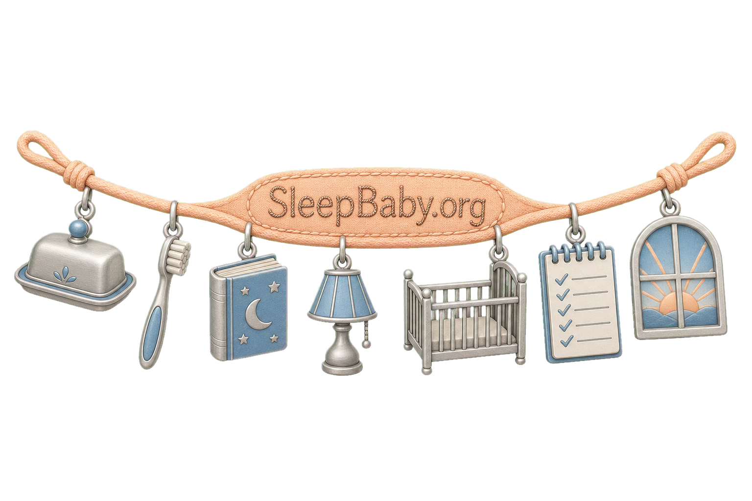 Seven charms show a closed butter dish, toothbrush, bedtime book, dim lamp, bare crib, checked notepad and dawn window on a SleepBaby.org cord.