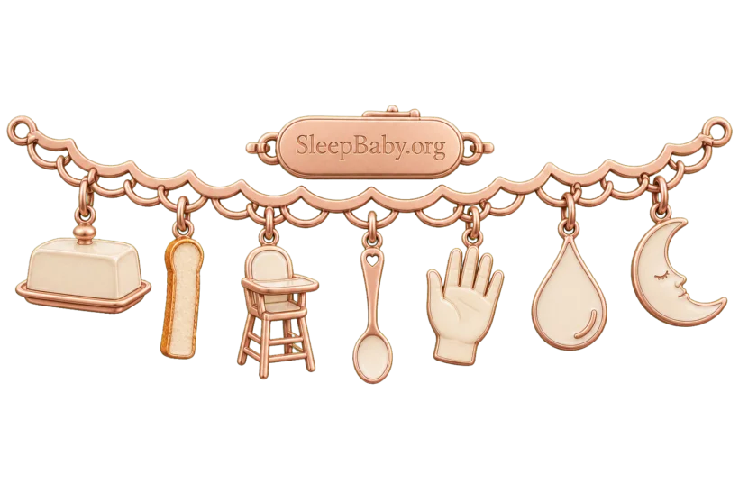 Seven charms show a closed butter dish, toast finger, high chair, readiness spoon, open hand, milk droplet and moon on a SleepBaby.org clasp.